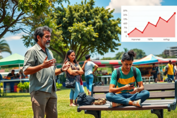 Infográfico mostrando a avaliação da economia e emprego entre brasileiros em pesquisa recente.