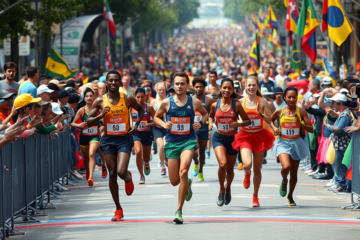 Corredores participam da 100ª Corrida Internacional de São Silvestre, com fantasias e forte calor, celebrando o espírito esportivo.